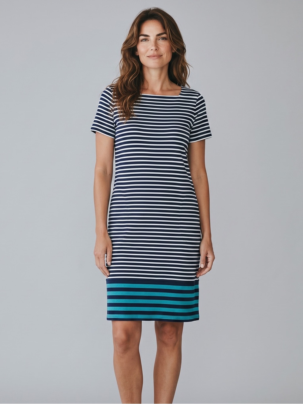 J.Jill Striped Cotton T-Shirt Dress Navy White Teal Colorblock